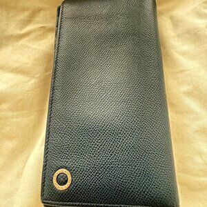 $899 Authentic BVLGARI Made in ITALY Unisex Navy Blue Leather Bifold Long Wallet